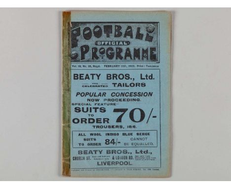 Liverpool v. Birmingham City / Everton Reserves v. Sheffield United combined match programme, 11th February 1922, spined tape