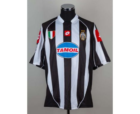 Mark Iuliano black and white No.13 Juventus short-sleeved shirt, 2002-03, Lotto, L, with v-neck collar and embroidered cloth 