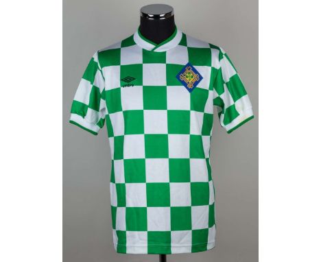 Mike Duxbury green and white No.2 Irish Football League short-sleeved shirt, Umbro, large, with crew-neck collar and embroide