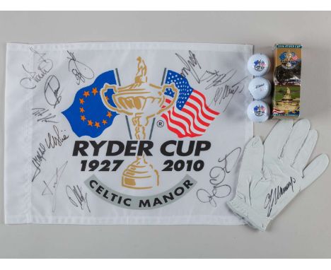 2010, 38th Ryder Cup signed flag from Celtic Manor, first time in Wales, the flag autographed by 11 players, Ian Poulter, Ros