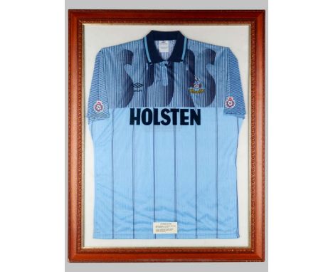 Justin Edinburgh sky blue No.2 Tottenham Hotspur shirt-sleeved shirt, 1991-92, Umbro, Large Mens, with button-up collar and e