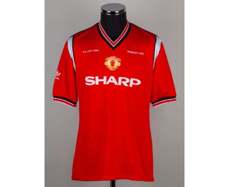 Mike Duxbury red, white and black No.12 Manchester United v. Everton match worn F.A.Cup final short-sleeved shirt, 1985, Adid