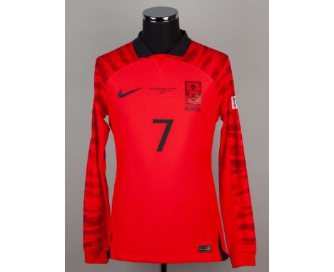 HM Son red and black No.7 South Korea v Tunisia match issued long-sleeved shirt, 2023, Nike, L, with v-neck collar and printe