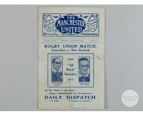 Lancashire v New Zealand ‘Invincibles’ Rugby Union match programme, 22nd October 1924 at Manchester United, the All Blacks on