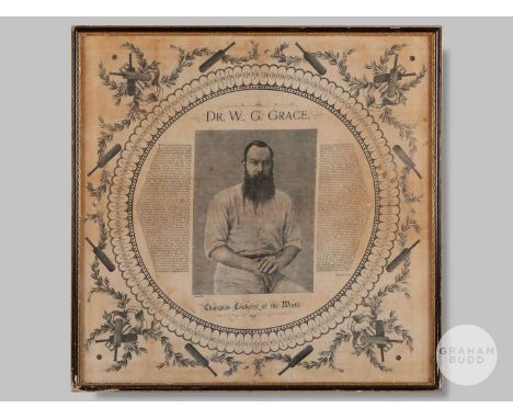 Late 19th century W G Grace commemorative handkerchief Champion Cricketer of the World, printed in black with a portrait of W