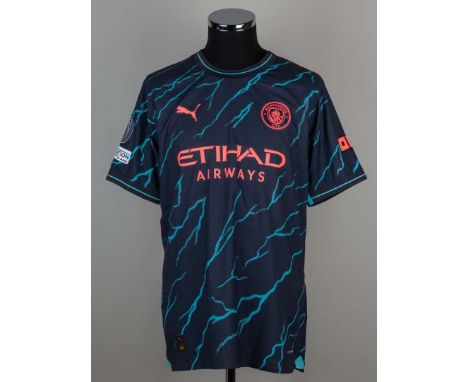 Erling Haaland black and pink No.9 Manchester City match issued short-sleeved third choice shirt, 2023-24, Puma, XL, with cre