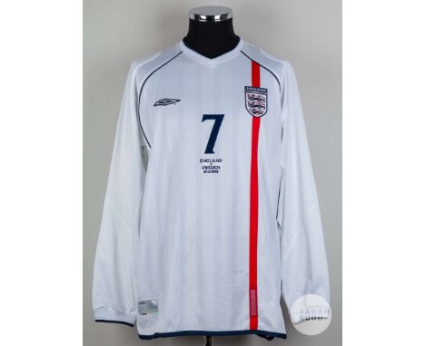 David Beckham white, red and blue No.7 England v. Sweden match issued long-sleeved shirt, 2001, Umbro, XL, with v-neck collar