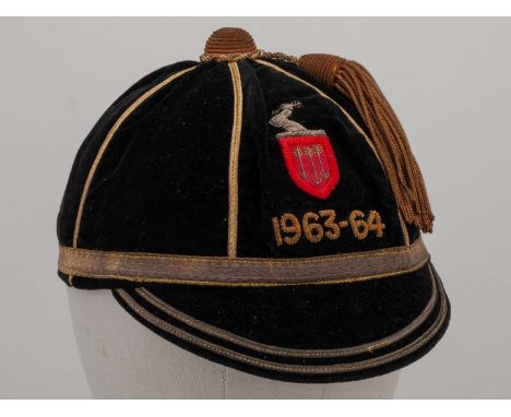 David Duckham black King Henry VIII Grammar school rugby cap, 1963-64 , with gilt tassel embroidered with crest 1963-64&nbsp;