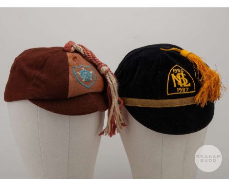 Two rugby caps, one embroidered 1926-1927, the other with embroidered rose (2)