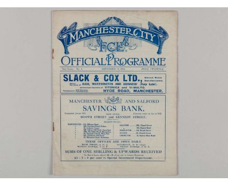 Manchester City Reserves v. Liverpool Reserves match programme, 13th September 1924, signs of fold, rusty staples.&nbsp;