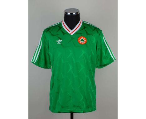 Ray Houghton green No.8 Republic of Ireland short-sleeved shirt, 1990, Adidas, Large, with v-neck collar and embroidered clot