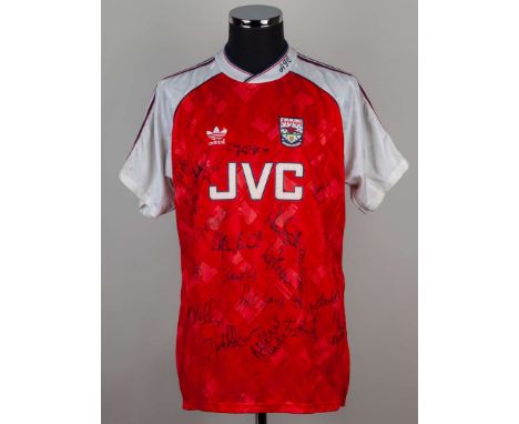 Red and white No.18 Arsenal autographed short-sleeved shirt, 1990-91, Adidas, 42-44, with v-neck collar and embroidered cloth