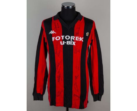 Ray Wilkins red and black No.8 AC Milan match shirt, 1986-87, Kappa, with v-neck collar and embroidered badge, the front of t