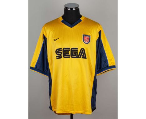 Thierry Henry yellow and blue No.14 Arsenal UEFA Cup match worn short-sleeved shirt, 1999-2000, Nike, XL, with v-neck collar 