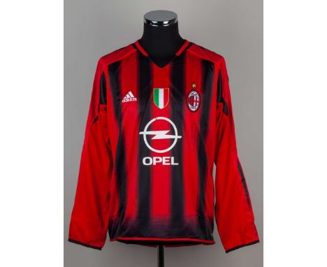 Red and black AC Milan No.9 autographed long-sleeved shirt 2004-05, Adidas, L, with v-neck collar and embroidered badge, the 