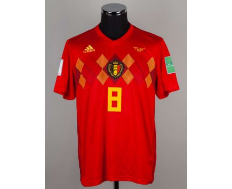 Marouane Fellaini red, yellow No.8 Belgium v. Brazil match issued short-sleeved shirt, 2018, Adidas, L, with v-neck collar an