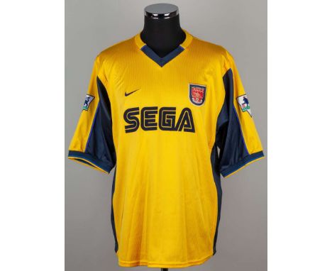 Thierry Henry yellow and blue No.14 Arsenal match worn short-sleeved shirt, 1999-2000, Nike, L, with v-neck collar embroidere