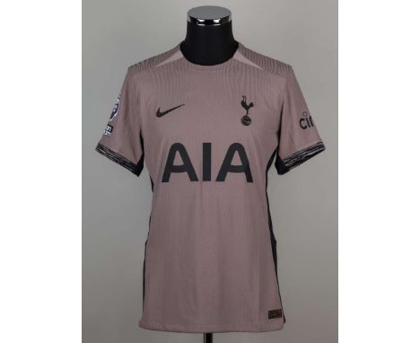 Richarlison taupe No.9 Tottenham Hotspur match issued short-sleeved shirt, 2023-24, Nike, L, with crew-neck collar and printe