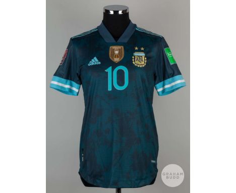 Lionel Messi No10 Argentina v. Peru match issued short-sleeved shirt, 2021, Adidas, 4, with v-neck collar and printed badge w