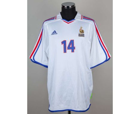Thierry Henry white, red and blue No.14 France match issued short-sleeved shirt, 2001, Adidas, XL, with v-neck collar embroid