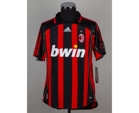 Paolo Maldini red and black autographed AC Milan short-sleeved shirt, 2006-07, the number autographed.