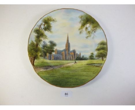 A Royal Worcester plate painted Salisbury cathedral, dated 1959, signed Roberts 