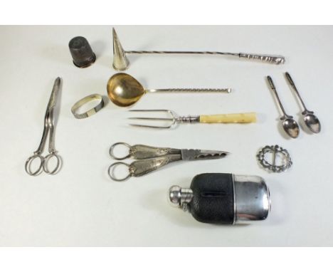 A group of silver plated items, hip flask, grape scissors etc 