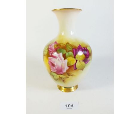 A Royal Worcester vase painted with roses and signed F Harper, 19.5cm tall 