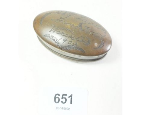 A brass pocket snuff engraved with handshake motif and Mr G Lamb, Moors Ketch, Worcester 1909? 