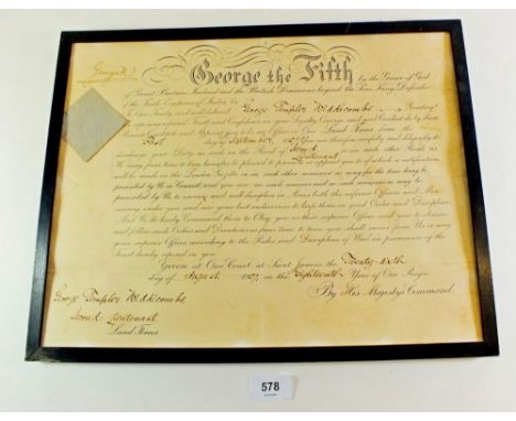An army commission certificate dated 26th August 1927, signed by George V with the Royal Seal also signed by members of the A