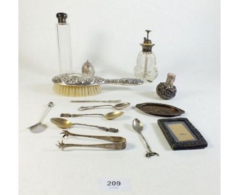 A cut glass perfume atomiser with silver and enamel top and a silver tray and other items 