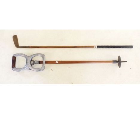 An early 20th century hickory shaft golf club with brass head (unnamed) together with a W. Mills of Sunderland shooting stick