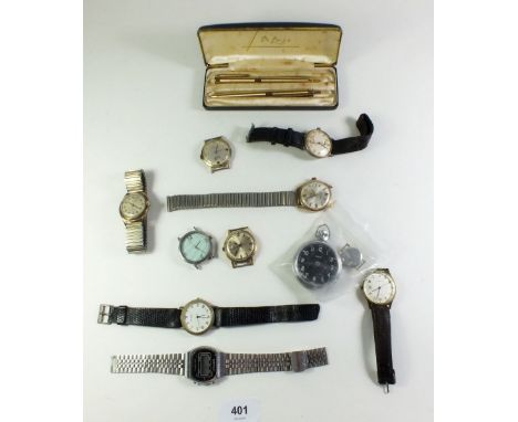 A box of vintage gentleman?s wrist watches including Cronel, Enicar and Corso plus a pen set, boxed 