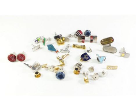 A selection of various cufflinks, button studs and enamel badges 