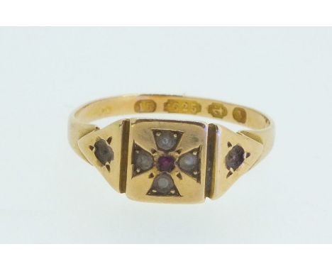 A Victorian 15 carat gold ecclesiastical church style ring set small ruby and seed pearls, 2.0g, size L-K
