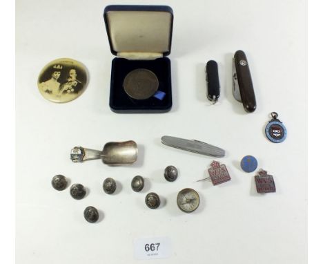 A box of various collectables to include military buttons, enamel badges and penknives 