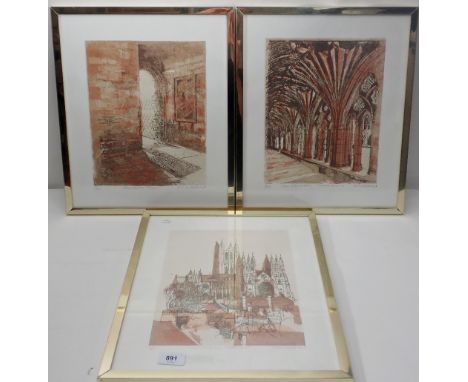 Ken Hildrew - a set of three coloured prints of Canterbury Cathedral, 28 x 22cm 