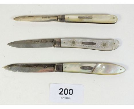 Three various mother of pearl and silver bladed fruit knives, two by George Unite, one finely engraved to the handle and hall