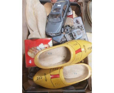 A BOX OF MISCELLANEOUS INC WOOD CARVINGS AND MODEL CARS ETC