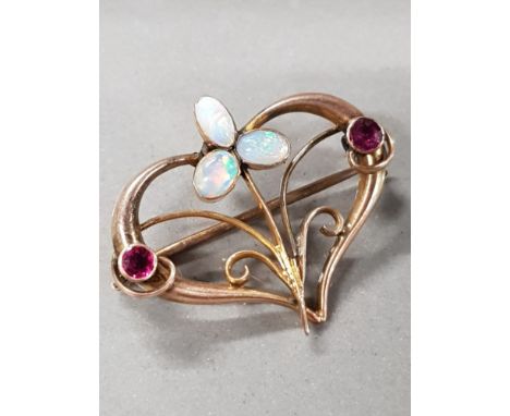 9CT GOLD OPAL AND RUBY BROOCH