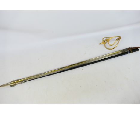 A sword with 88 cm (l) single edge blade, gilt steel three bar guard and leather scabbard (A/F). [W]

Note: This lot is not f
