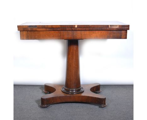 Victorian rosewood card table, rectangular foldover top, enclosing a baize-lined interior, plain frieze, turned column, incur