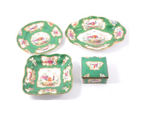 Booths’ Silicone China box, in the First Period Worcester style, green ground, width 11cm; a Booths’ part dessert service, de