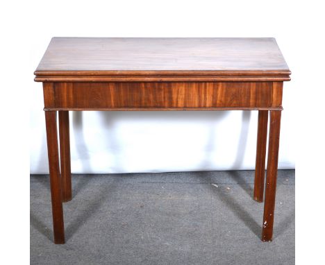 Victorian mahogany card table, rectangular fold-over top, plain frieze, square supports, width 91cm, height 72cm.