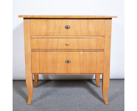 Continental fruitwood commode, rectangular top, three drawers, shaped legs, width 79cm, depth 51cm, height 78cm.