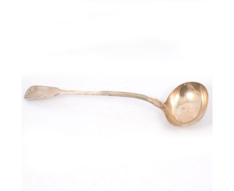 William IV silver Fiddle and Thread pattern soup ladle, Mary Chawner, London 1835, engraved crest and monogram, 8oz, 34cm.