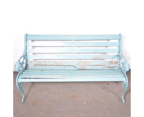 Cast metal and marble topped console table, height 78cm, a similar marble topped side table, and a painted metal and wooden s
