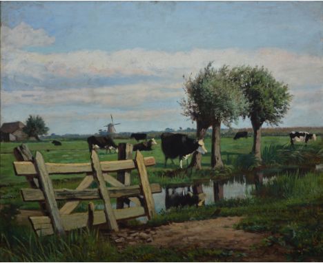 R Broad(?) Cattle in a landscape, windlill in the background, oil on canvas, indistinctly signed, 54x45cm.