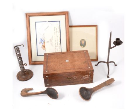 Victorian rosewood box, lacking interior, 28cm, miniature portrait of a child, two Scandinavian spoons, candlesticks, John Ki