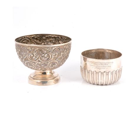 Victorian silver pedestal bowl, Matthew John Jessop, London 1898, the rounded bowl chased and repousee decoration of flowers 
